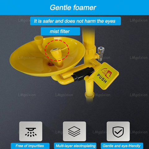Yellow eyewash component of Vertical Eyewash And Shower Station For Industrial And Lab Shop Floor Safety, Emergency First Aid Combo