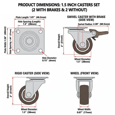 Product dimensions diagram for Heavy Duty 1.5 Inch Plate Caster Wheels Set Of 4 Low Profile Swivel Casters for Furniture.