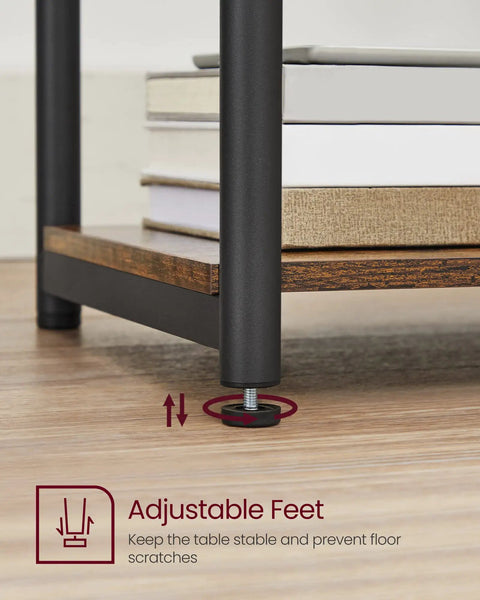 Set Of Two Industrial Style End Tables With Rustic Brown Tops And Matte Black Steel Frames, close-up of adjustable feet detail