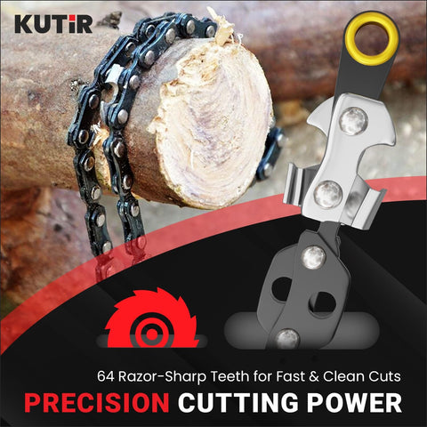 55 Inch High Limb Rope Saw With 360 Rope Chain cutting through a log with dual sided blades visible