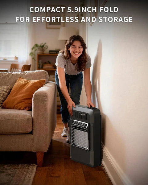 Person storing 18000 BTU Propane Heater For Indoor And Outdoor Use, 3 Adjustable Heat Settings, Portable Space Heater near a couch