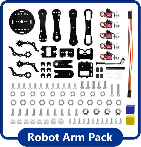 Robot Arm Expansion Pack Kit For Kids And Teens App Controlled ESP32 Powered Coding And STEM Robotics With 16 Progressive Tutorials And Teacher Ready Plans For Home School And Classroom All Around Fun, parts laid out