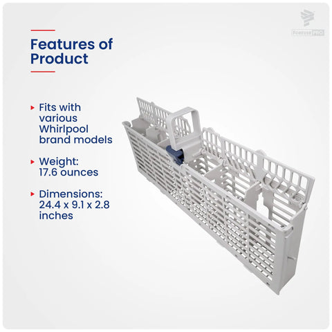 Silverware Basket Assembly For Whirlpool Dishwashers Easy Install Pro Grade Durable Fits 1060509 AH973489 EA973489 PS973489 1 Year Warranty USA Based Company shown with features and dimensions