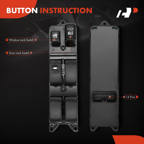 Front Driver Side Electric Master Power Window Switch Fits Mitsubishi Galant 2007 To 2012 Endeavor 2007 To 2011 Lancer 2004 To 2007 Montero 2005 To 2006 Replacement MR587943 front and back view showing button instructions.