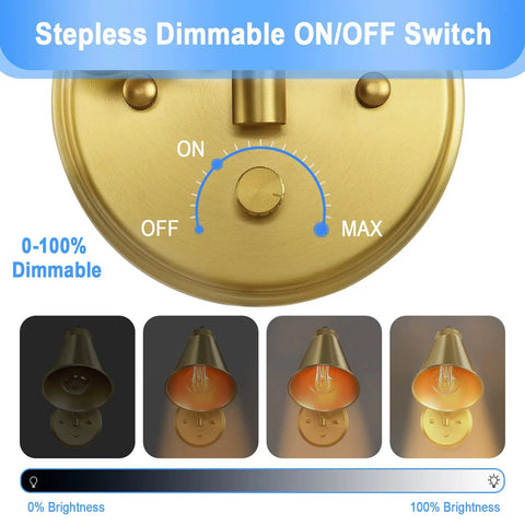Dimmable Plug-In Wall Sconce Set of 2 in Vintage Brass with adjustable swing arm and cord dimmer switch, retro style