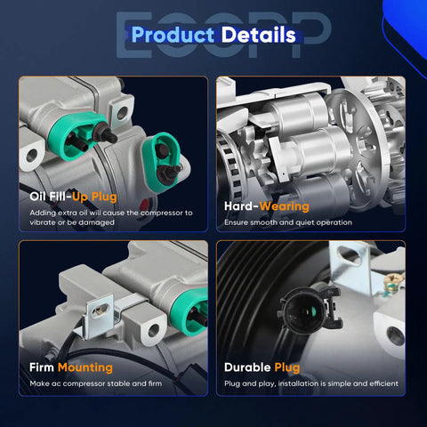 Top Shelf Heavy Duty AC Compressor Unit Compatible With 2006 Through 2012 Hyundai Santa Fe Sonata Azera Lock In Crisp Cooling All Summer Long Dead Simple Bolt On OEM Grade Direct Replacement Fit showing oil fill-up plug, durable plug, and firm mounting.