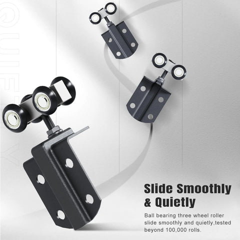 Close-up view of Exterior Sliding Barn Door Hardware Kit With Box Rail Track 8 Foot Length 450 Pound Capacity Black Wheels.