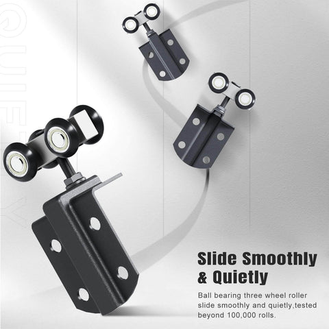 16 Foot Exterior Sliding Barn Door Hardware Kit With Box Rail Track For Exterior Use, showing black rollers and wall mount