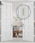 Pro Grade Interior Door Hinges 36 Pack Satin Nickel 3.5 Inch Set 5/8 Radius installed on double doors in modern interior.