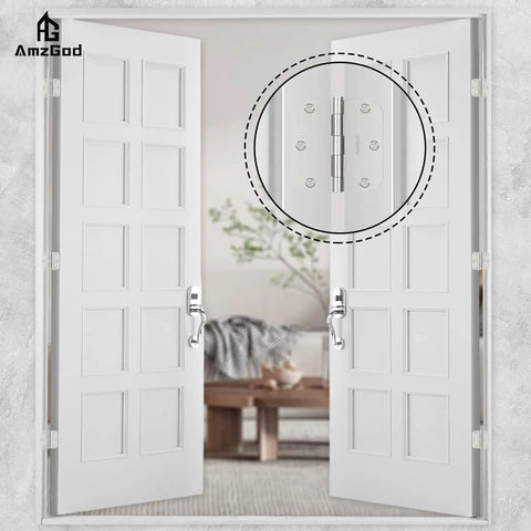 Pro Grade Interior Door Hinges 36 Pack Satin Nickel 3.5 Inch Set 5/8 Radius installed on double doors in modern interior.