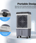 Portable Evaporative Swamp Cooler With 5.3 Gallon Water Tank 1700 Cfm Airflow Blows Sweet Chill with wheels and handle for easy movement.