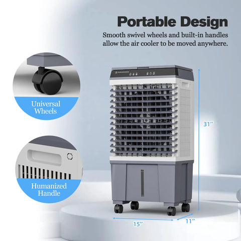 Portable Evaporative Swamp Cooler With 5.3 Gallon Water Tank 1700 Cfm Airflow Blows Sweet Chill with wheels and handle for easy movement.