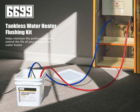 Tankless Water Heater Flushing Kit with One Quarter Horsepower Submersible Sump Pump Two Adapters Three Gallon Pail in use