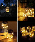 Solar Mason Jar Lights 12 Pack With 30 LED Fairy Firefly Jar Lids String Lights Waterproof For Patio Garden Yard Weddings Hangable Decor Warm White Glow illuminating different settings.