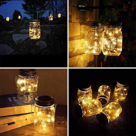 Solar Mason Jar Lights 12 Pack With 30 LED Fairy Firefly Jar Lids String Lights Waterproof For Patio Garden Yard Weddings Hangable Decor Warm White Glow illuminating different settings.