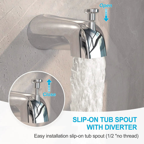 Tub And Shower Faucet Kit With 9-Setting Rain Shower Head In Chrome Finish with slip-on tub spout, water flowing