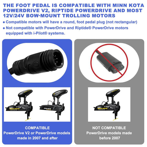 Slick Corded Trolling Motor Foot Pedal With 18 Ft Cable For 12V And 24V Bow Mount Rigs, showing compatible and incompatible connectors.