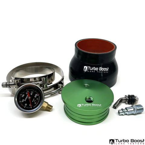 4-inch Turbo Boost Leak Tester kit with black main housing, green 6061-aluminum plates, gauge, and fittings.