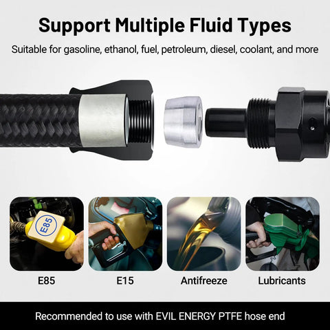 6AN PTFE Fuel Line Kit For E85 Vehicles With Nylon Braided Hose 20 Feet Long AN6 5/16 Inch ID 0.45 Inch OD High Pressure Up To 1500 PSI
