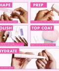 Steps of at-home manicure using Gel Nail Starter Kit With Peel-Off Base Coat, Gel Base Coat, Gel Top Coat, Pro LED Lamp, Nail Tools.