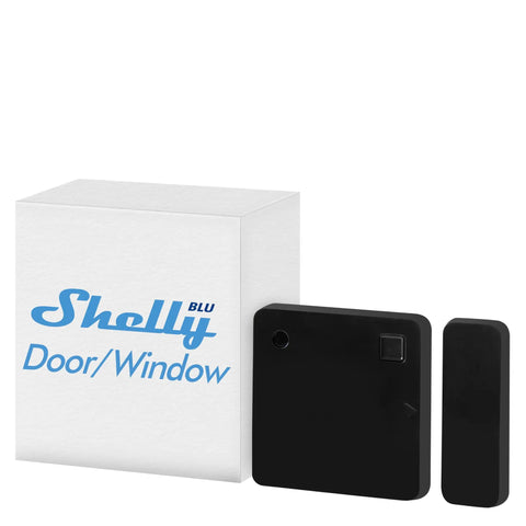 Smart Door And Window Sensor In Black With Bluetooth, Long Battery Life Up To 5 Years, Tilt And Luminosity Monitoring, shown next to box.