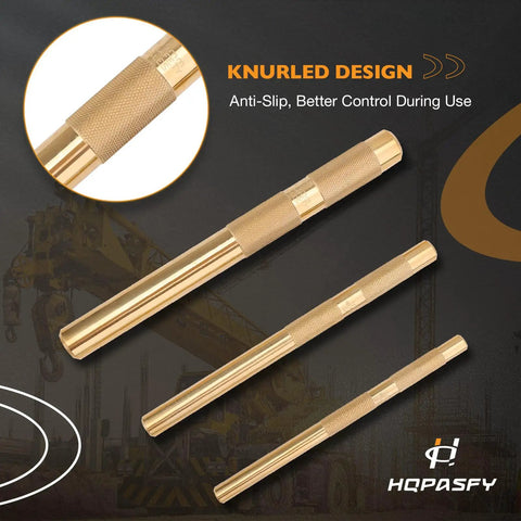 Drift Punch Set 3-Piece for Pin Removal and Alignment Includes Three Quarter Inch 19mm by Eight Inch, One Half Inch 13mm by Seven Inch, and Three Eighths Inch 10mm by Six Inch Brass Punches Non Marring Auto and Motorcycle Repair Tools showing knurled design for better grip.