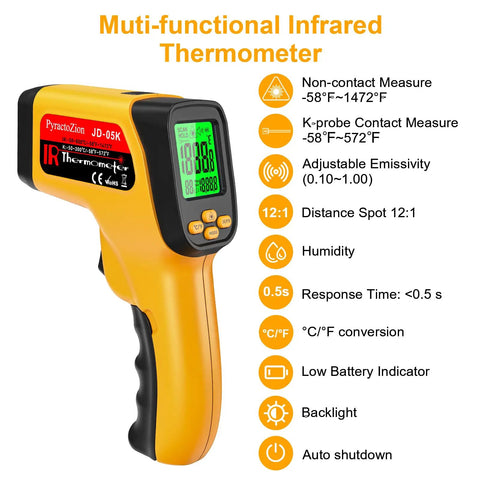 Dual Mode Infrared Temperature Gun With Non Contact IR And K Type Probe From Minus 58 To 1472 Fahrenheit Pro Grade High Accuracy Laser Thermometer displaying features on screen