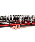 Hand holding 74 Piece 3/8 Inch Drive Socket And Ratchet Set With Rails And Trays Includes 1/4 To 1 Inch Standard And Deep 6-Point Sockets