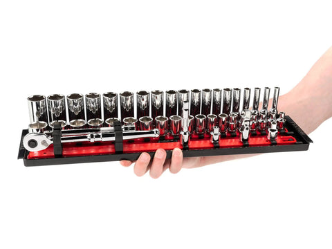 Hand holding 74 Piece 3/8 Inch Drive Socket And Ratchet Set With Rails And Trays Includes 1/4 To 1 Inch Standard And Deep 6-Point Sockets