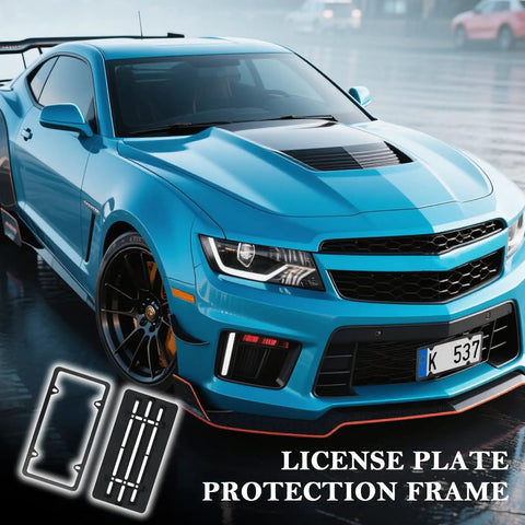 No Drill Front License Plate Frame Mount For Cars Universal License Plate Bracket With Screws Easy Install shown on a blue car