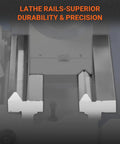 Close-up of rails on 1.5 Inch Spindle Bore Metal Lathe With DRO, 8x16 Inch Benchtop Lathe for high precision work.