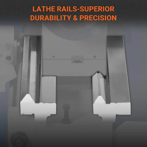 Close-up of rails on 1.5 Inch Spindle Bore Metal Lathe With DRO, 8x16 Inch Benchtop Lathe for high precision work.