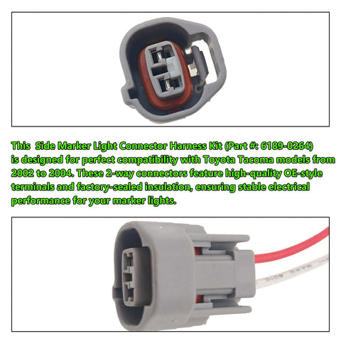 Toyota Tacoma Side Marker Light Connector 2 Way Harness Pigtail Replacement 6189-0264 front view with wire detail