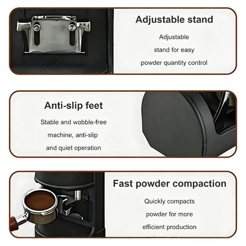 Top Shelf 58mm Electric Coffee Tamper With Knockout Durability And Quick Pressure Adjustment For No Sweat Espresso Extraction That Pops Out Professional Shots Straight To Your Home Setup, featuring adjustable stand and anti-slip feet.