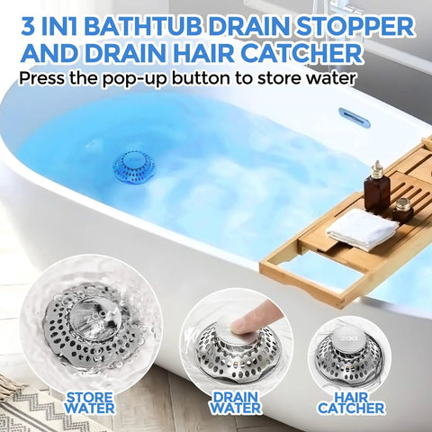 Press Down Bathtub Drain Stopper And Hair Catcher Pop Up Plug With 3 In 1 Rock Solid Build in white bathtub with blue water.