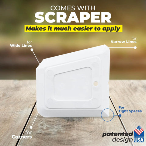 Scraper included in White Premixed Acrylic Sanded Grout Filler Kit For Tile Repairs In Bathrooms Showers And Kitchens.