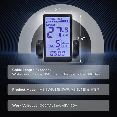 Ebike Display M5 With UART No 2 Protocol For 24V To 60V Systems showing speed and voltage on LCD screen.