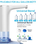 5 Gallon Water Bottle Pump Dispenser With USB Charging, Automatic Drinking Water Pump shown with compatible bottle sizes