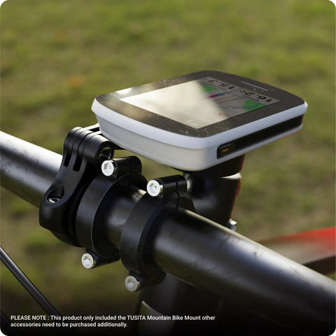 Edge Mountain Bike Mount For Garmin GPS Computers installed on handlebars, showing secure attachment on bike.