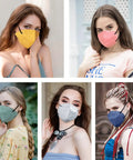 Collage of various women wearing colorful KN95 face masks with 5-ply design, showcasing breathable and comfortable fit for everyday use.