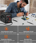 Man using Hot Air Rework Station With Soldering Capability And Airflow Adjustable Fast Warm Up In 3 To 5 Seconds Digital LED Display Desoldering Tool For BGA IC SOIC QFP PLCC And More For Hobbyists And Pros Up To 500 Degrees Celsius on circuit board