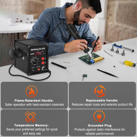 Man using Hot Air Rework Station With Soldering Capability And Airflow Adjustable Fast Warm Up In 3 To 5 Seconds Digital LED Display Desoldering Tool For BGA IC SOIC QFP PLCC And More For Hobbyists And Pros Up To 500 Degrees Celsius on circuit board
