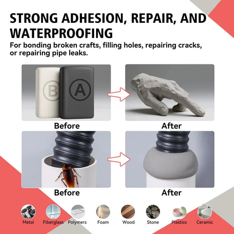 Before and after images showing bonding with Epoxy Sculpt Clay 2 Part Putty For Modeling And Repairing Self Hardening Epoxy Clay.