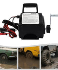 Heavy Duty 2000 Lbs Portable Electric Winch With Hand Crank For Cars And Trailers, 12V DC kit with cables and crank for vehicle recovery.