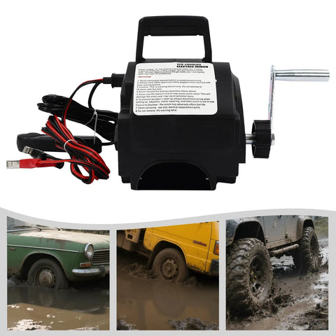 Heavy Duty 2000 Lbs Portable Electric Winch With Hand Crank For Cars And Trailers, 12V DC kit with cables and crank for vehicle recovery.