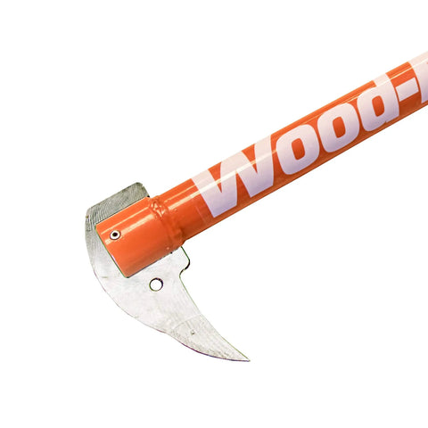 Close-up of 30 Inch Steel Hookaroon Built In The USA Orange Powder Coat Durable Steel Handles And Hooks with visible blade.
