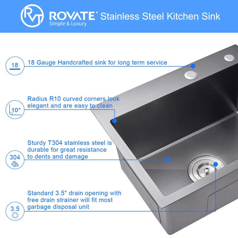 Drop In Topmount Kitchen Sink With Bold Black Nano Titanium Finish, 22 By 18 Inch, Single Bowl, SUS304 Stainless Steel highlighted.