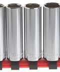 Metric Three Eighths Inch Drive Six Point Socket Set, Eleven Piece with Deep Sockets, Chrome Finish, on red holder