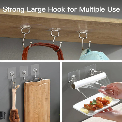 Heavy Duty Self Adhesive Wall Hooks 10 Pack Holds Up To 44 Pounds Stainless Steel No Drill Setup Clear Hanger Strips Knockout Grip For Kitchens Bathrooms And Home Storage