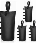 4 Pack Beefy 210 Pound Sandbags With Zippers And Straps For Beach Canopies Pop Up Tents RV Awnings Patio Umbrella Bases Gazebos And Trampolines Made With 1680D Oxford Fabric, shown attached to poles.